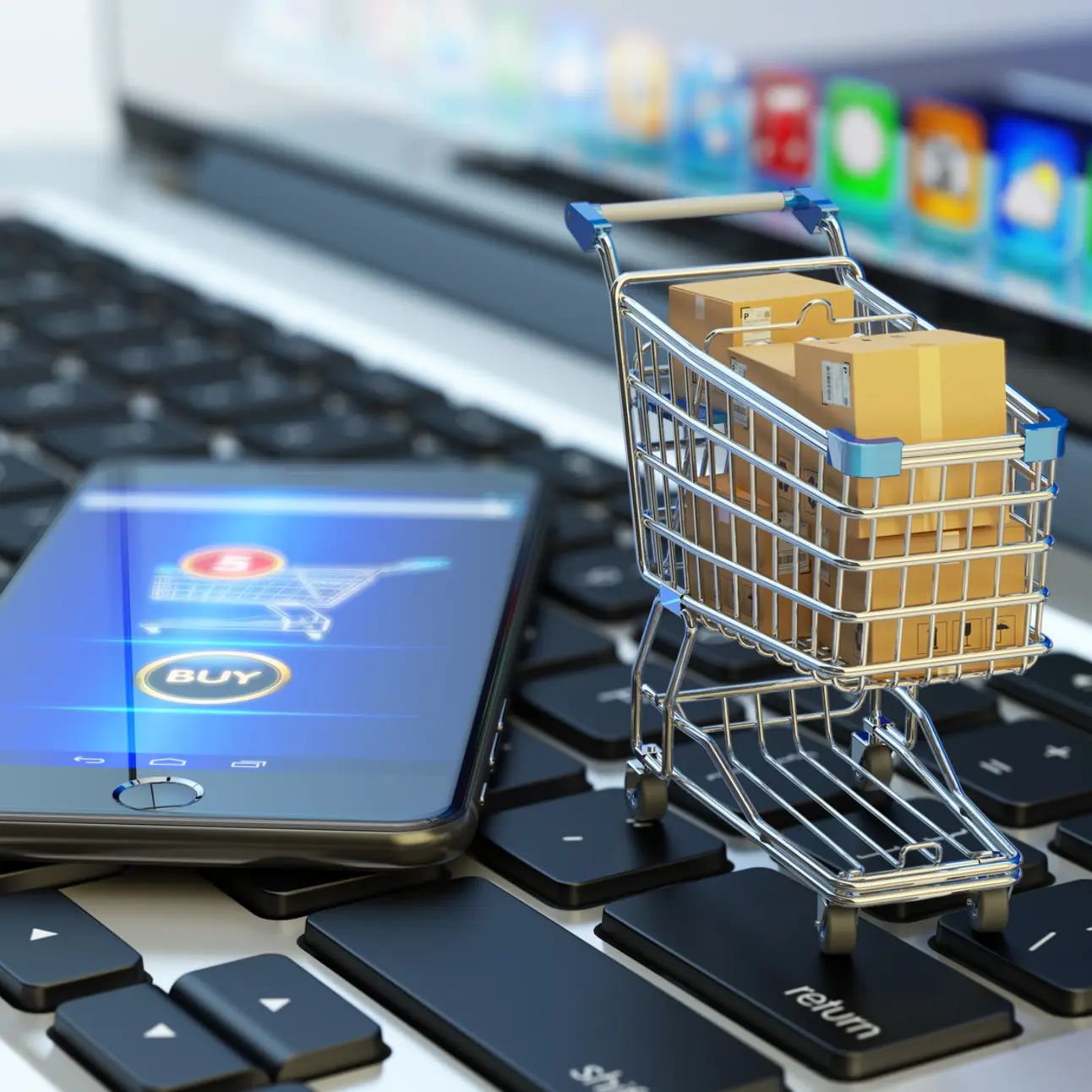 Tastatur mit Smartphone, online shopping