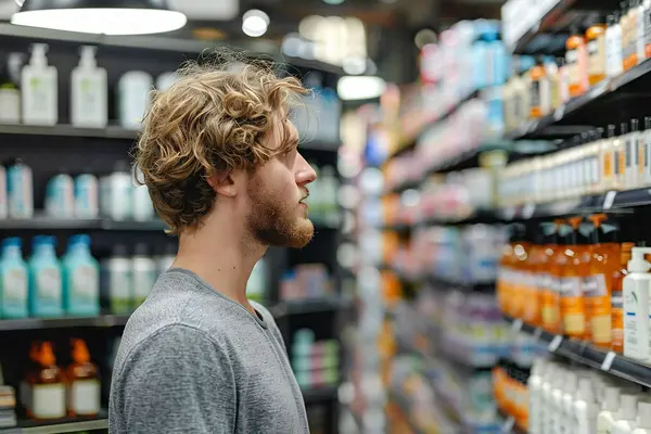 Ein Mann betrachtet die Artikel in einem Supermarktregal.