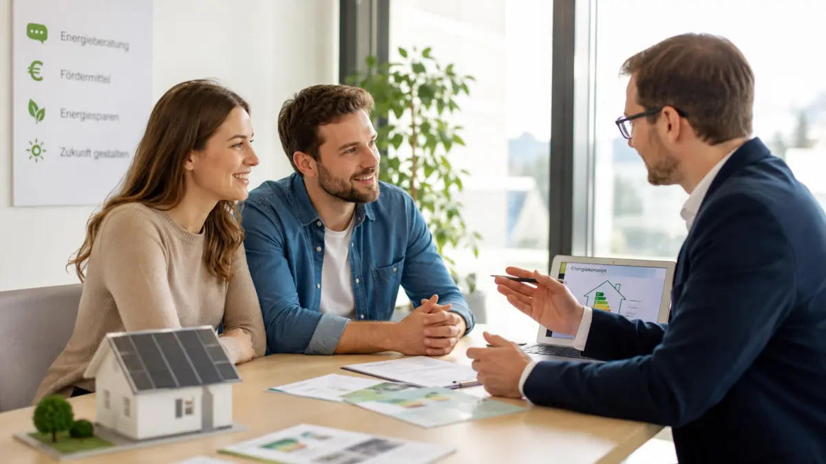 Ein Mann und eine Frau werden von einem Berater zu Energie-Themen beraten