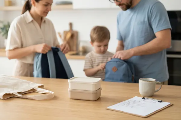 Eltern packen die Lunchbox für den Schultag ihres Kindes
