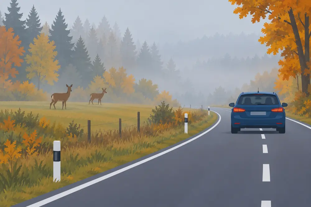 für leichte Sprache: Landstraße im Herbstnebel mit Wald daneben und Rehen