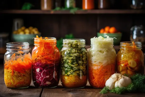 Gläser mit verschiedenem fermentiertem Gemüse stehen auf dem Tisch.