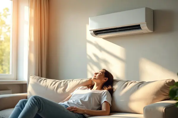 Frau auf Sofa unter einer Klimaanlage