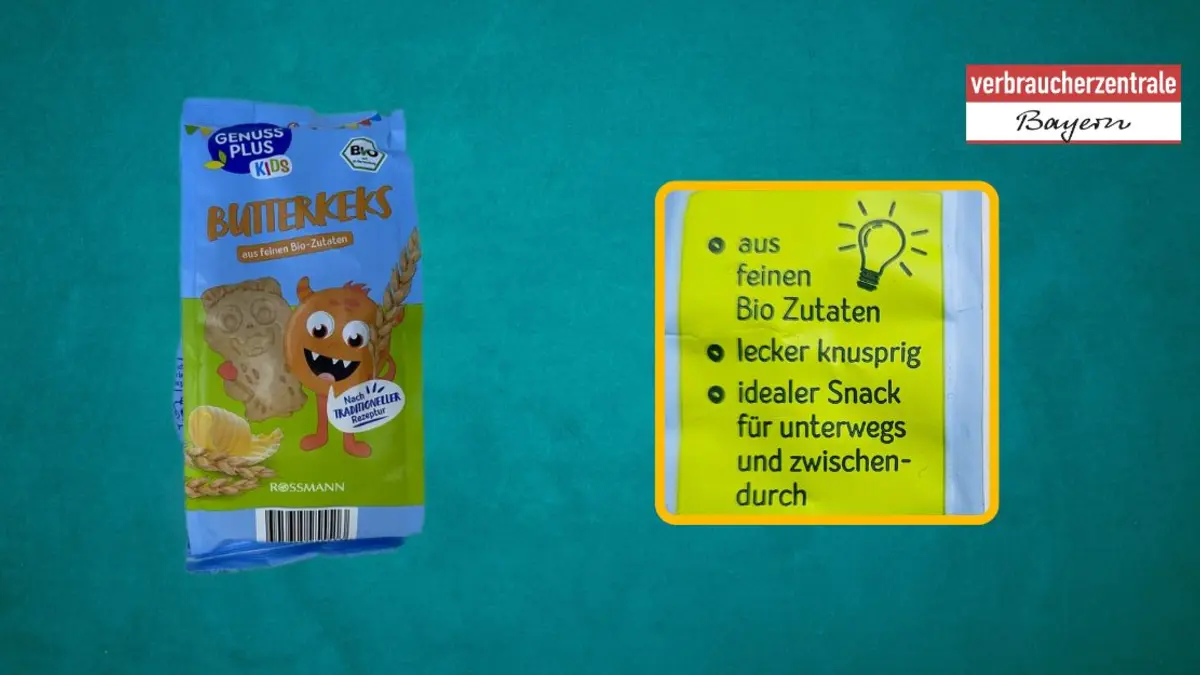 Produktfoto von Kinderkeksen mit hervorgehobenem Claim