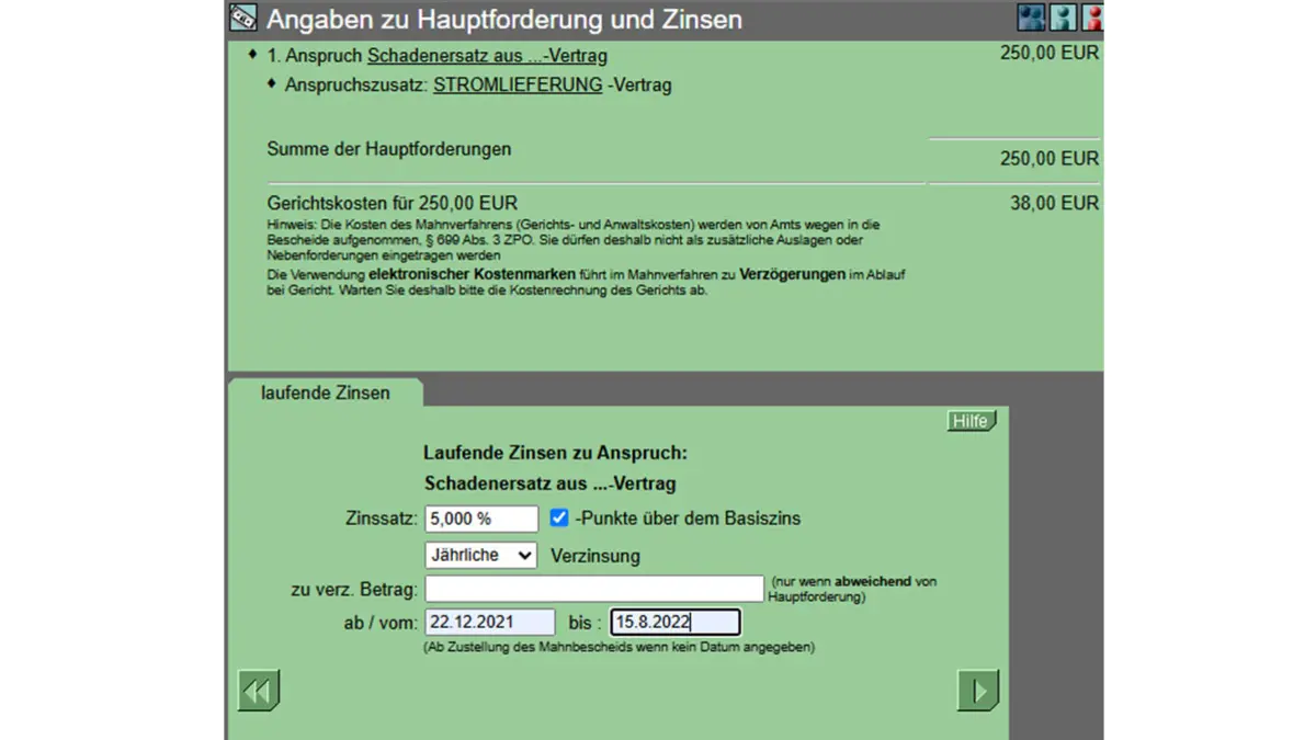 Screenshot einer Formularseite auf online-mahnantrag.de