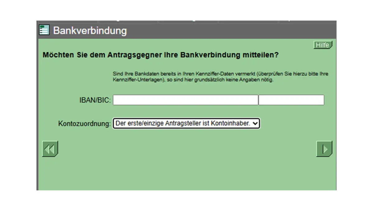 Screenshot einer Formularseite von online-mahnantrag.de
