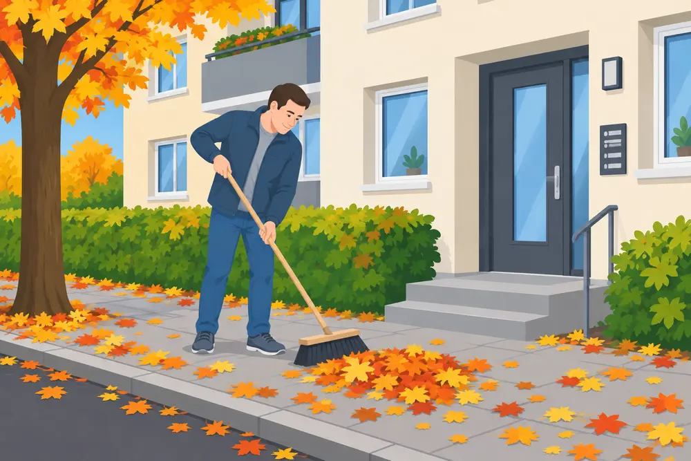 für leichte Sprache: mann fegt auf dem Gehweg vor dem Haus das Herbstlaub