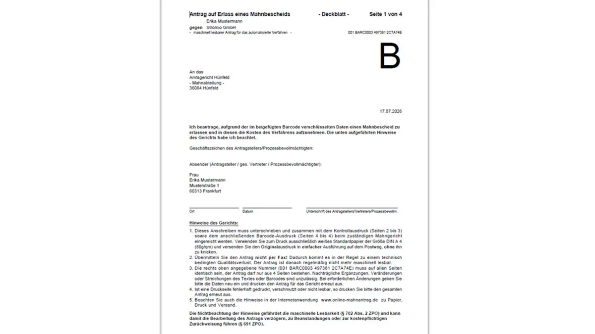 Abbildung eines Ausdrucks des fertigen Mahnantrags