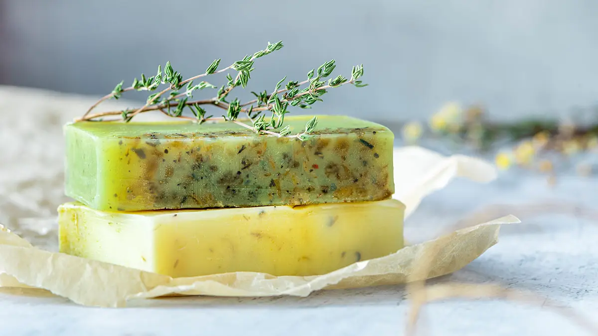 Zwei Stück selbstgemachte Seife mit einem Kräuterzweig dekoriert