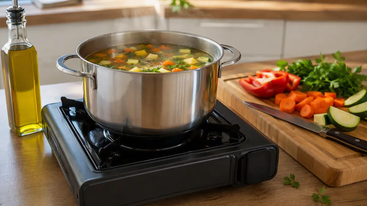 Gaskocher mit Topf mit dampfender Suppe, daneben aufgeschnittenes Gemüse