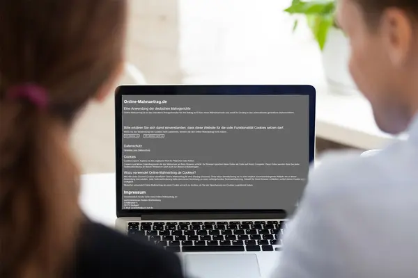 Ein Paar sitzt vor einem Laptop, auf dem Bildschirm die Seite www.online-mahnantrag.de