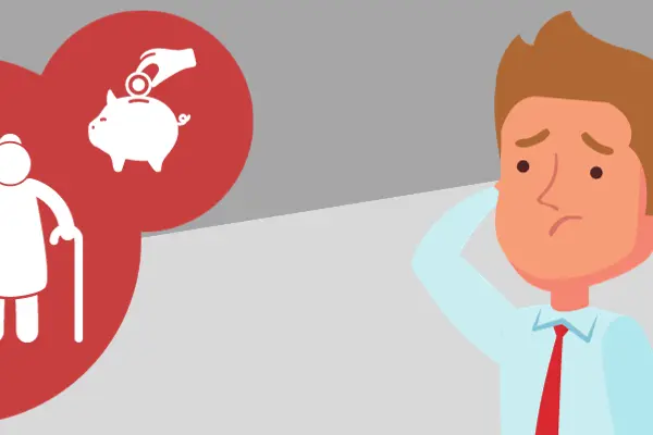 Eine Person neben einem Ausrufezeichen mit dem Wort Aufruf und einem roten Kreis mit einem Symbol für Rentner und Sparschwein.