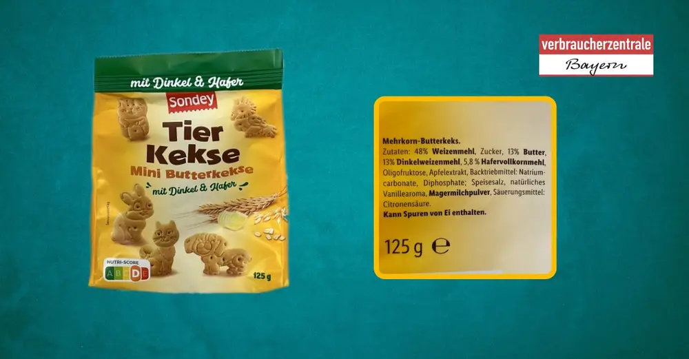 Produktfoto von Kinderkeksen mit hervorgehobenem Claim