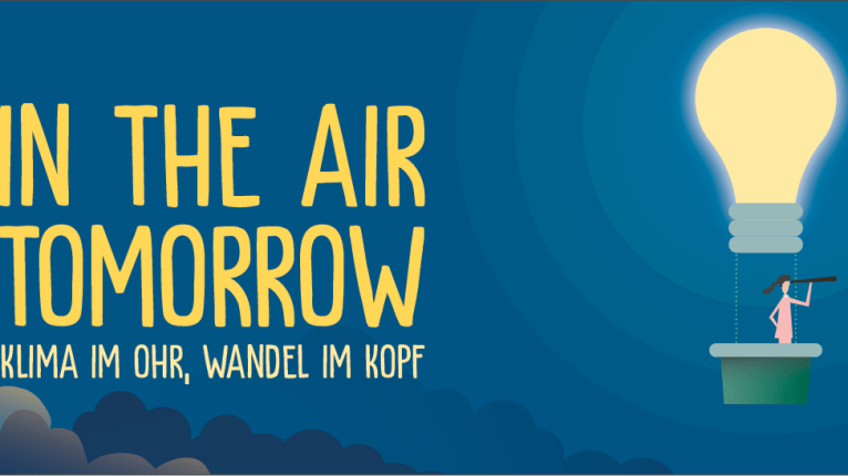 Illustration: Heißluftballon mit Glühbirne als Ballon, im Korb blickt eine Frau mit einem Fernglas in den blauen, teils mit Wolken verhangenen Horizont