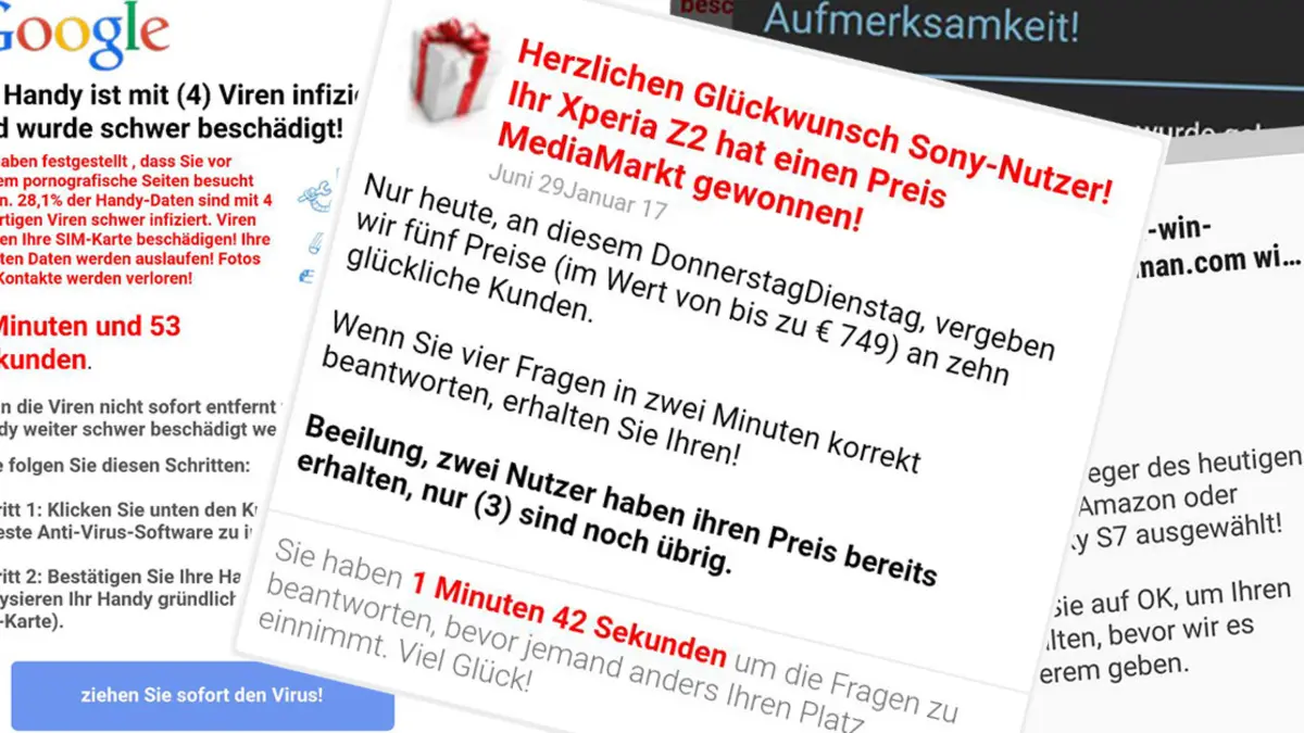 Screenshots verschiedener angeblicher Viren-Warnungen und Gewinnbenachrichtigungen