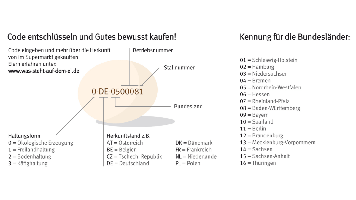 Grafik, die erklärt, wofür jeweils der Code auf einem Ei steht