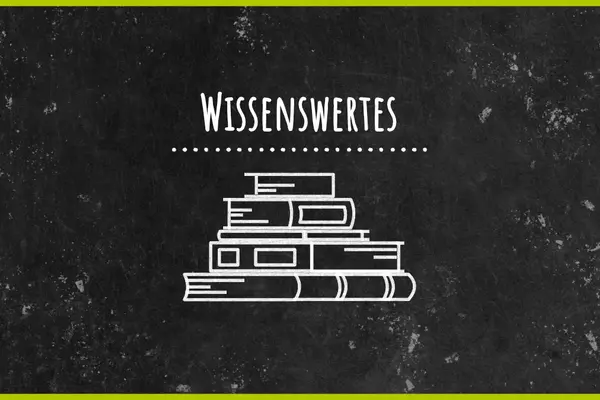 Schwarze Tafel mit Schriftzug Wissenswertes und Kreidebild eines Bücherstapels
