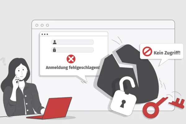 An einem Schreibtisch sitzt eine Frau mit einem fragenden Gesichtsausdruck. Sie schaut auf ihren Laptop-Bildschirm, auf dem ein zerbrochenes Schutzschild und ein zerbrochener Schlüssel zu sehen sind. Aus Sprechblasen auf dem Bildschirm sind Worte wie 'Kein Zugriff' und 'Anmeldung fehlgeschlagen' zu lesen.
