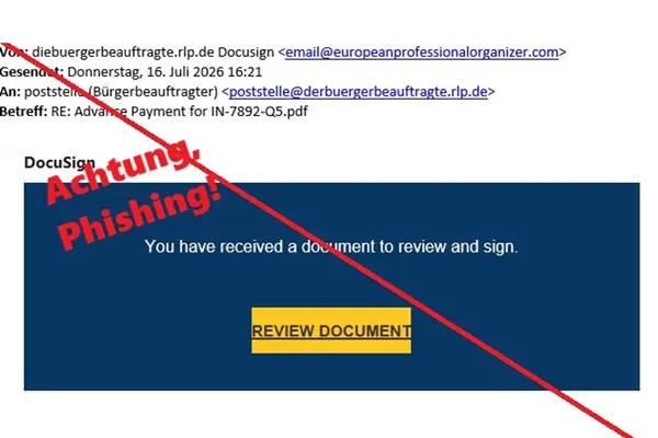 Screenshot Phishing Bürgerbeauftragten Rheinland-Pfalz: diebuergerbeauftragte.rlp.de Docusign email@europeanprofessionalorganizer.com