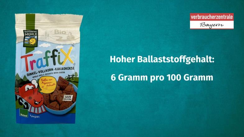 Produktfoto von Kinderkeksen mit der Angabe des Ballaststoffgehaltes