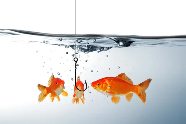 Fische schwimmen um Angelhaken