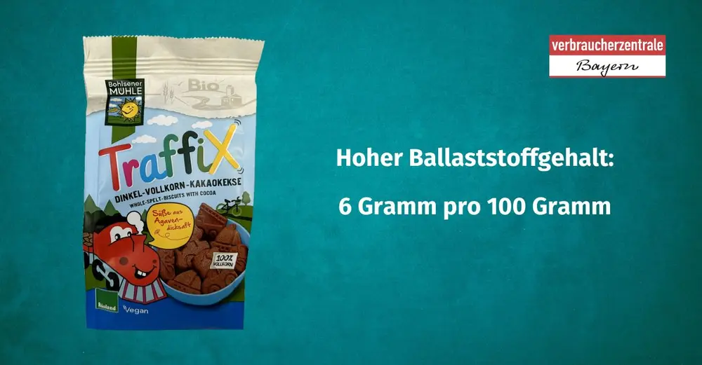 Produktfoto von Kinderkeksen mit der Angabe des Ballaststoffgehaltes