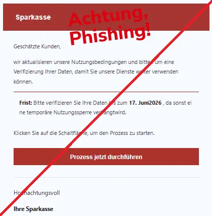 Screenshot einer Mail mit dem Logo der "Sparkasse" und dem Text: "Sраrkаѕѕе
Geschätzte Kunden,
wir aktualisieren unsere Nutzungsbedingungen und bitten um eine Verifizierung Ihrer Daten, damit Sie unsere Dienste weiter verwenden können.
Frist: Bitte verifizieren Sie Ihre Daten bis zum 17. Juni2026 , da sonst eine temporäre Nutzungssperre verhängtwird.
Klicken Sie auf die Schaltfläche, um den Prozess zu starten.
Prozess jetzt durchführen
Hochachtungsvoll
Ihre Sраrkаѕѕе".