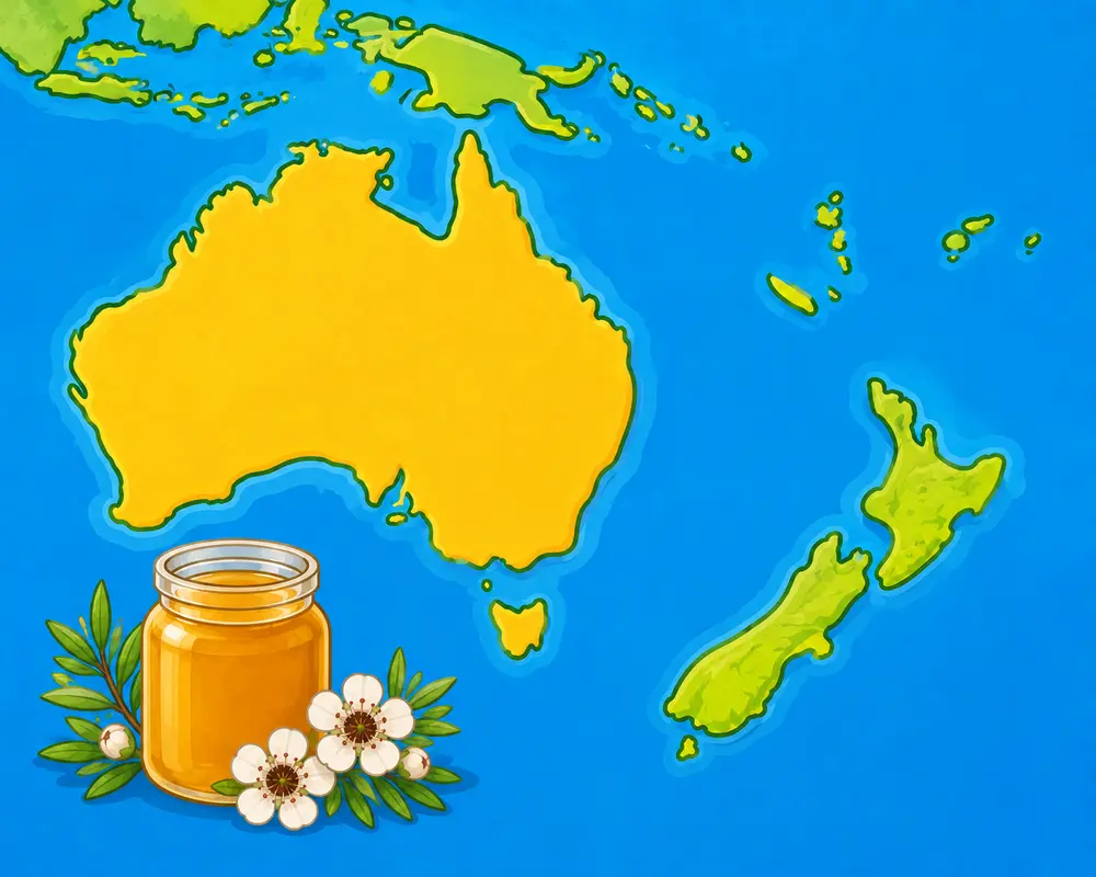 für leichte Sprache: Karte mit australien und Neuseeland und einem Glas Honig dazu
