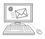 Grafik: Ein PC, auf dem Bildschirm ist ein Brief und ein E-Mail-Zeichen abgebildet
