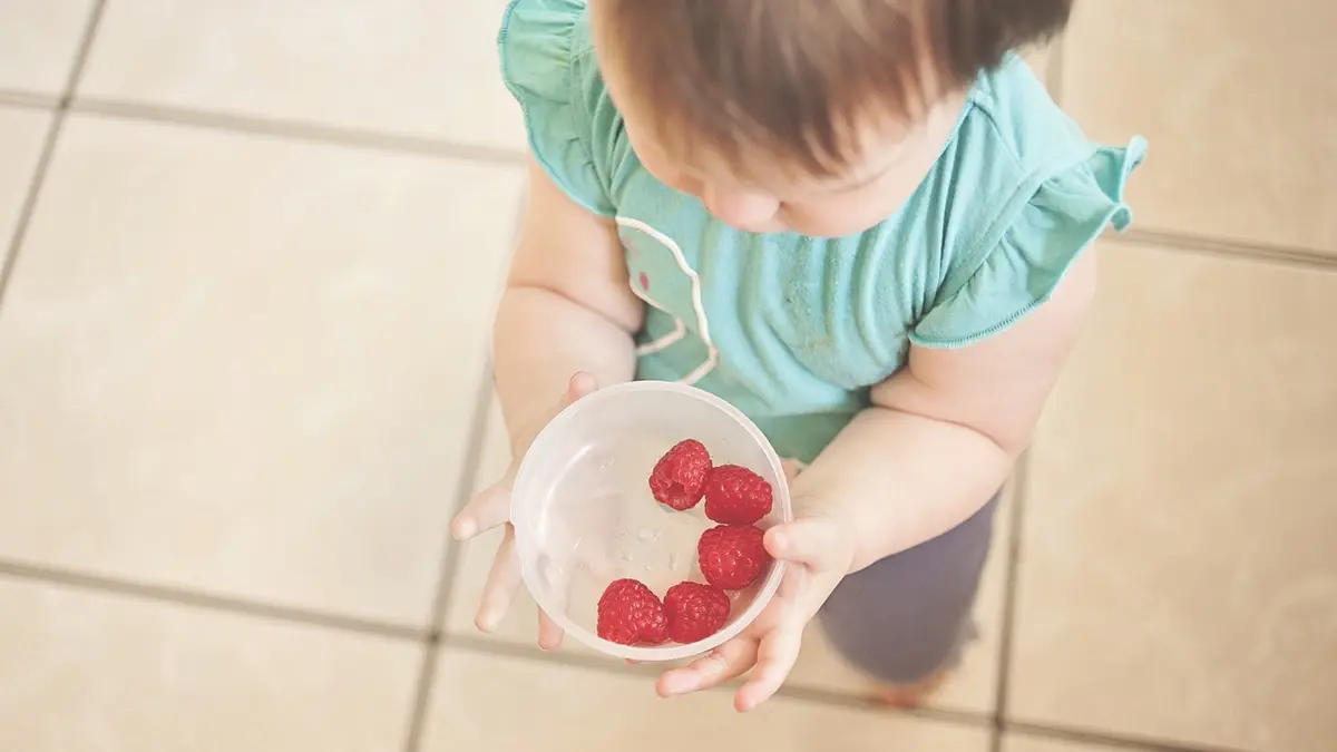 Ein Kleinkind trägt eine Schale mit Joghurt und Himbeeren