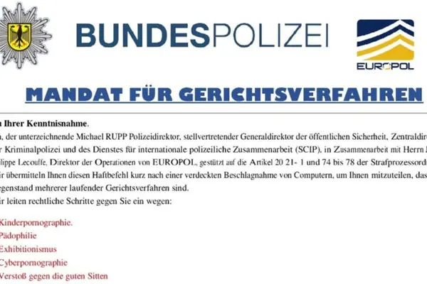 Ansicht einer betrügerischen E-Mail, angeblich im Auftrag der Bundespolizei.