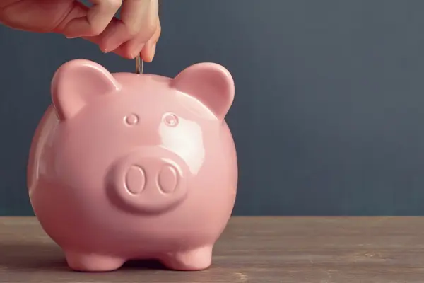 eine Hand steckt eine Münze in ein Sparschwein