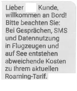 Beispiel für eine wenig aussagekräftige SMS (Roaming-Hinweis)