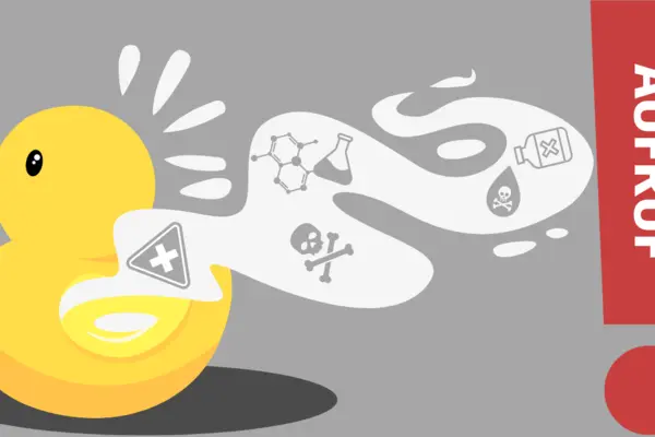 Auf der Grafik ist ein gelbes Quietscheentchen zu sehen, das sich nach links bewegt. Hinter ihm zieht sich eine giftige Schadstoffwolke entlang