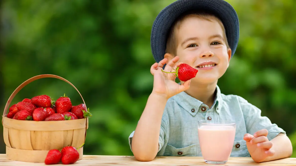Ein Junge sitzt mit einem Glas Erdbeermilch und einem Korb Erdbeeren am Tisch
