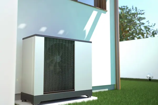Eine Wärmepumpe an der aüßeren Hauswand im Garten