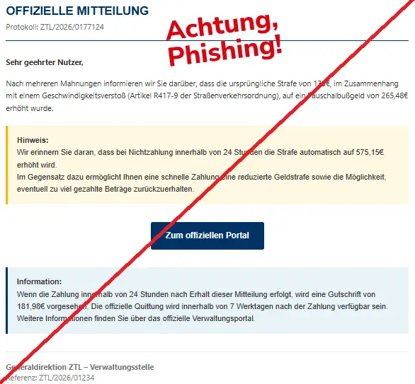 Screenshot einer Phishing-Mail im Namen eines angeblichen Bundesportals mit dem Text: "Offizielle Mitteilung
Protokoll: ZTL/2026/0177124
Sehr geehrter Nutzer,
Nach mehreren Mahnungen informieren wir Sie darüber, dass die ursprüngliche Strafe von 135€, im Zusammenhang mit einem Geschwindigkeitsverstoß (Artikel R417-9 der Straßenverkehrsordnung), auf ein Pauschalbußgeld von 265,48€ erhöht wurde.
Hinweis:
Wir erinnern Sie daran, dass bei Nichtzahlung innerhalb von 24 Stunden die Strafe automatisch auf 575,15€ erhöht wird.
Im Gegensatz dazu ermöglicht Ihnen eine schnelle Zahlung eine reduzierte Geldstrafe sowie die Möglichkeit, eventuell zu viel gezahlte Beträge zurückzuerhalten.
Zum offiziellen Portal
Information:
Wenn die Zahlung innerhalb von 24 Stunden nach Erhalt dieser Mitteilung erfolgt, wird eine Gutschrift von 181,98€ vorgesehen. Die offizielle Quittung wird innerhalb von 7 Werktagen nach der Zahlung verfügbar sein.
Weitere Informationen finden Sie über das offizielle Verwaltungsportal.
Generaldirektion ZTL – Verwaltungsstelle
Referenz: ZTL/2026/01234".