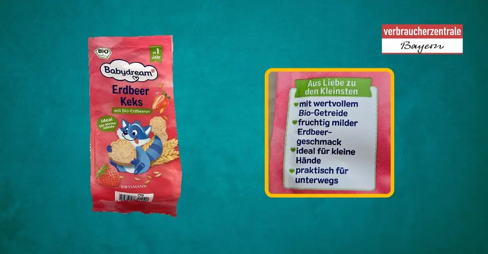 Produktfoto von Kinderkeksen mit hervorgehobenem Claim