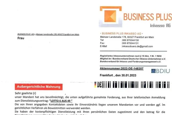 Briefkopf des Inkassoschreibens der Business Plus inkasso AG.