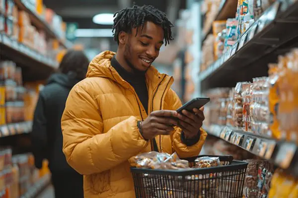 Mann im Supermarkt nutzt sein Smartphone, während er mit einem Einkaufskorb vor einem Regal mit verpackten Lebensmitteln steht.