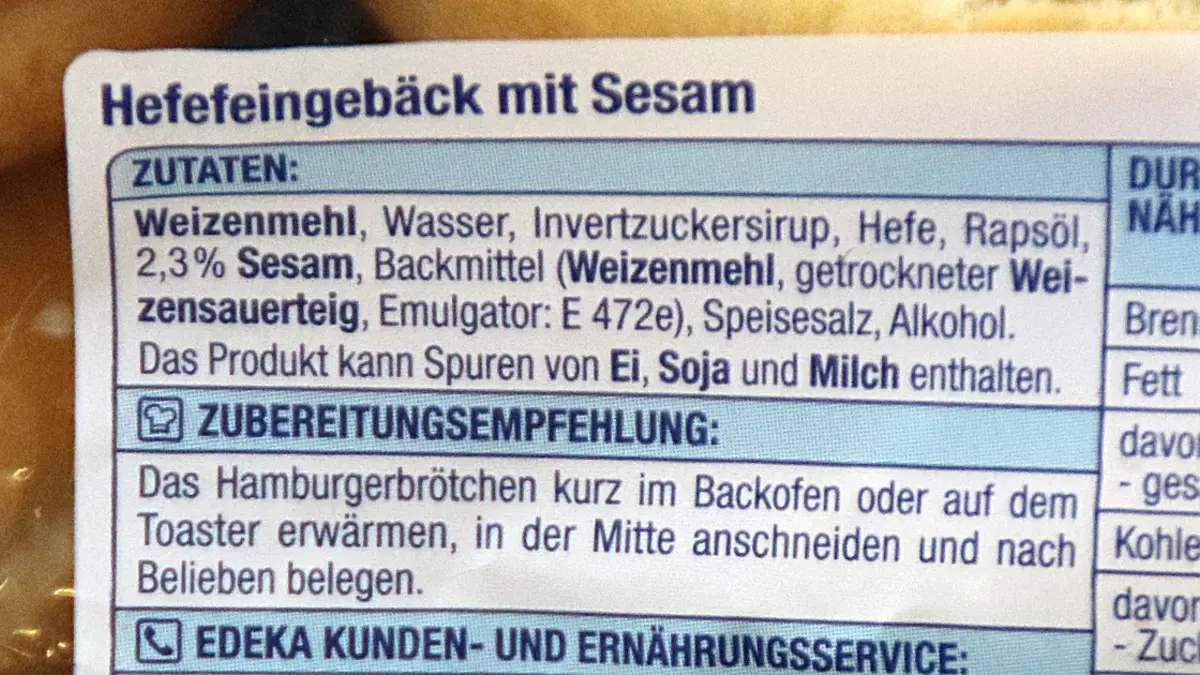 Zutatenliste einer Burger-Brötchen-Verpackung