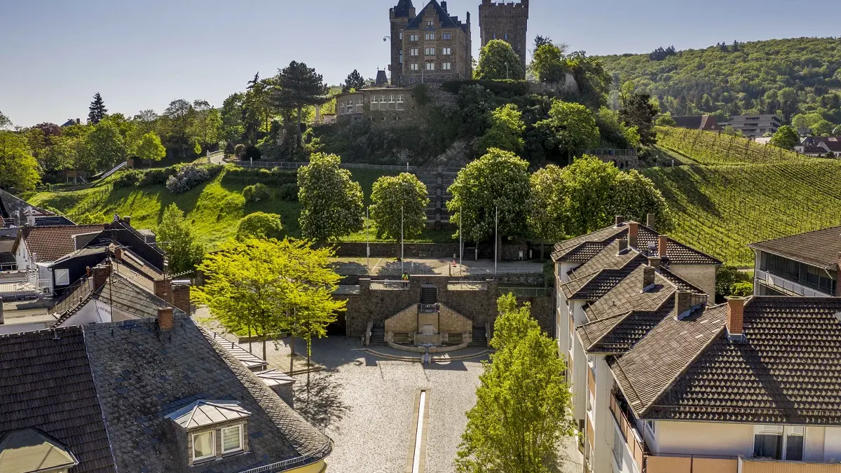 Ein Bild von einer Straße udn einer Burg im Hintergrund. 