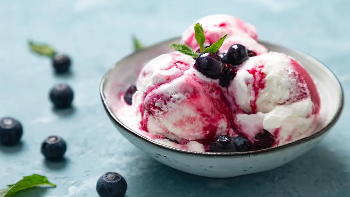 Schale mit Eis und Heidelbeersoße