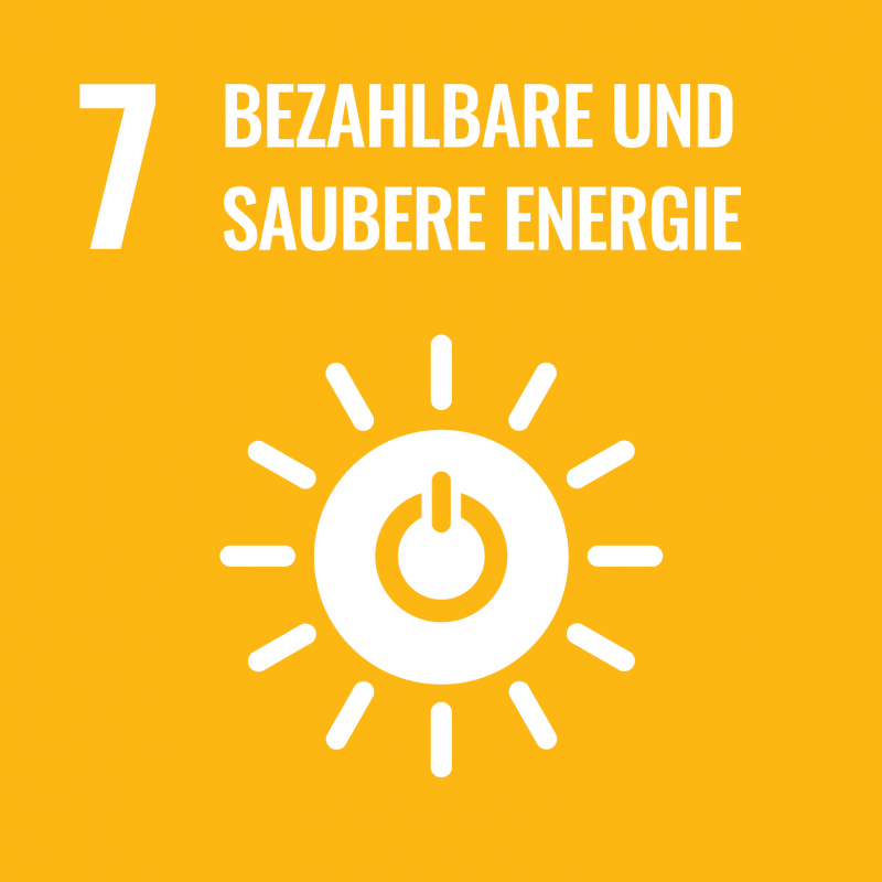 Grafik einer Sonne mit Stromschalter und dem Text "7: Bezahlbare und erneuerbare Energie“