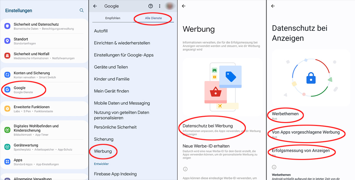 Screenshot der Klickwege zu den Werbeeinstellungen bei Android. Die Schritte werden im Text unter der Grafik beschrieben.