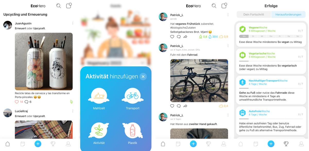 Screenshots verschiedener Funktionen der App "EcoHero"