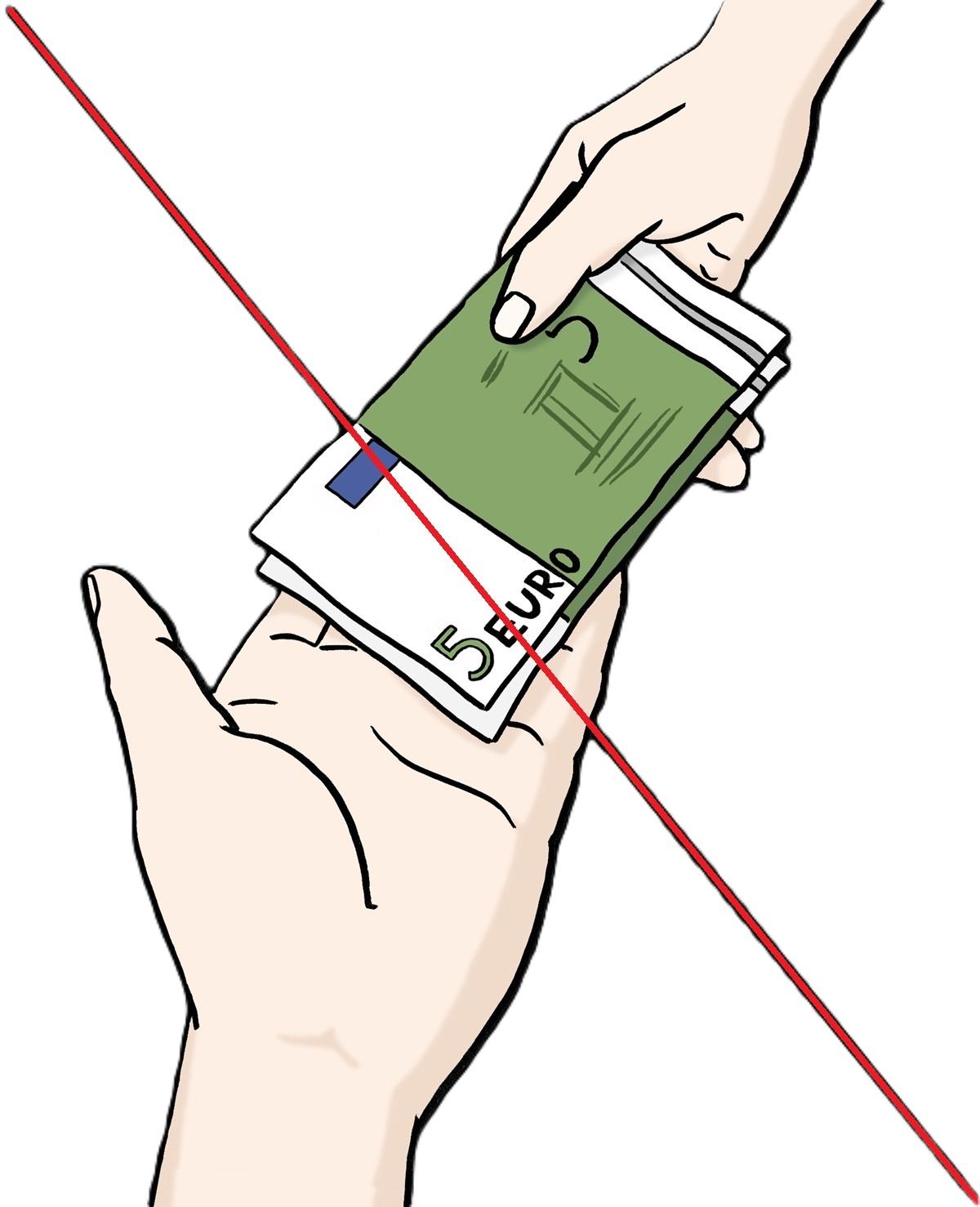 Hand bekommt Geld mit rotem Strich durch