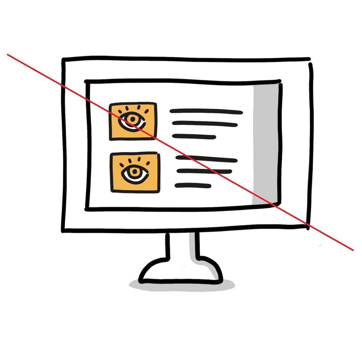 Bildschirm mit Internetseite durchgestrichen