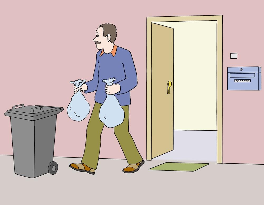 Mann bringt Müll raus 