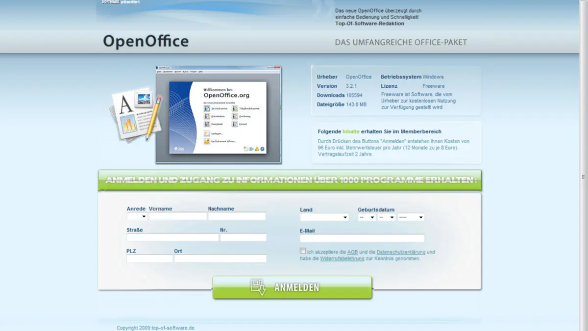 Screenshot einer betrügerischen Webseite